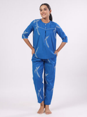 Blue Round Neck Animal Pure Cotton Night Suit For Women