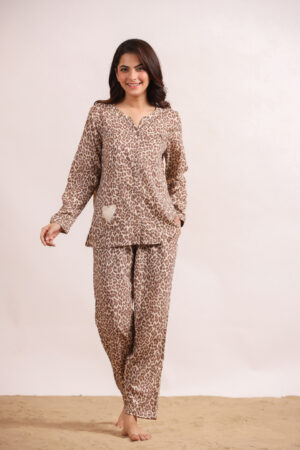 Beige Mandarin Collar Animal Viscose Rayon Night Suit For Women