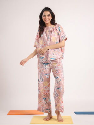 Pink Round Neck Ethnic Motifs Pure Cotton Night Suit For Women