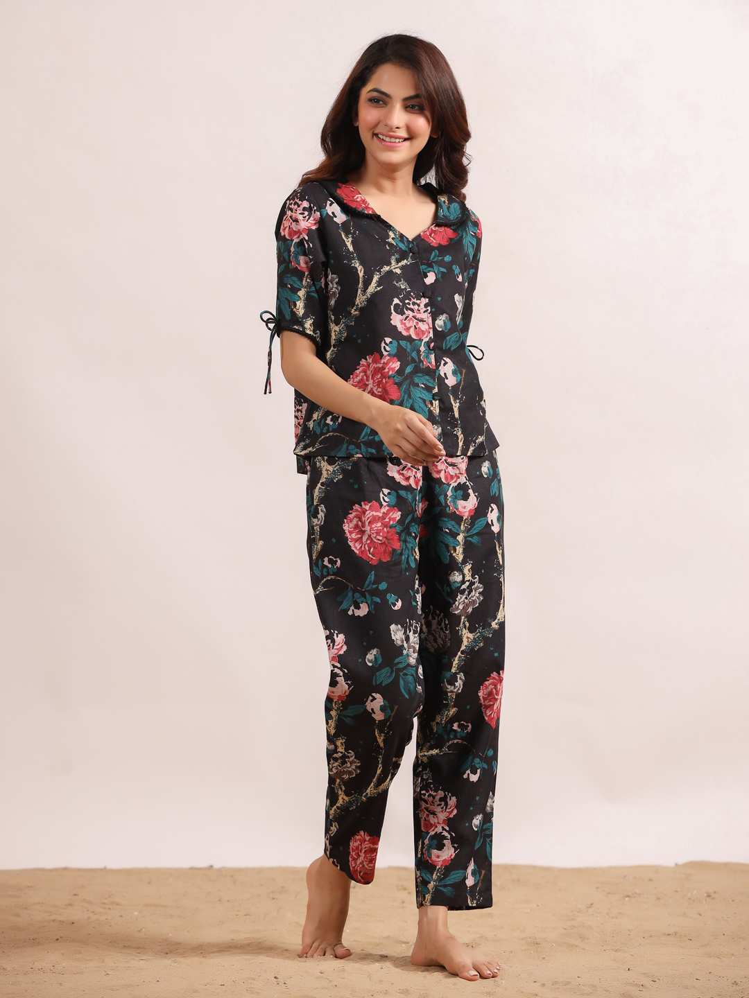 Black Floral Print V-Neck Cotton Night Suit Set For Women