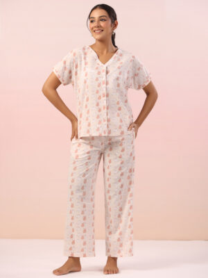 Pink V-Neck Animal Print Cotton Night Suit For Women
