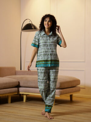 Off White Shirt Collar Geomtric Print Cotton Night Suit For Women