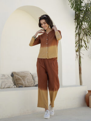 Brown Colourblocked Shirt Collar Pure Cotton Night Suit For Women