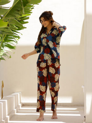 Blue Shirt Collar Tropical Pure Cotton Night Suit For Women