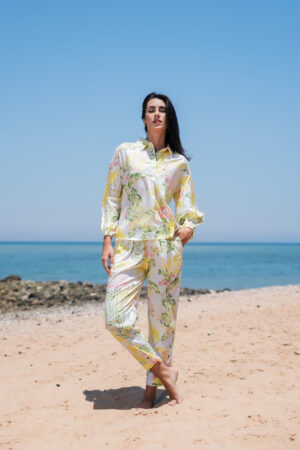 Yellow Floral Print Shirt Collar Cotton Night Suit Set For Women