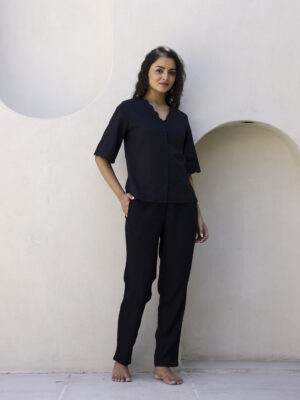 Black V-Neck Solid Pure Cotton Night Suit For Women