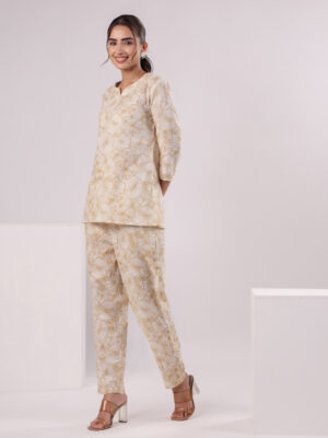 White Round Neck Floral Pure Cotton Night Suit For Women