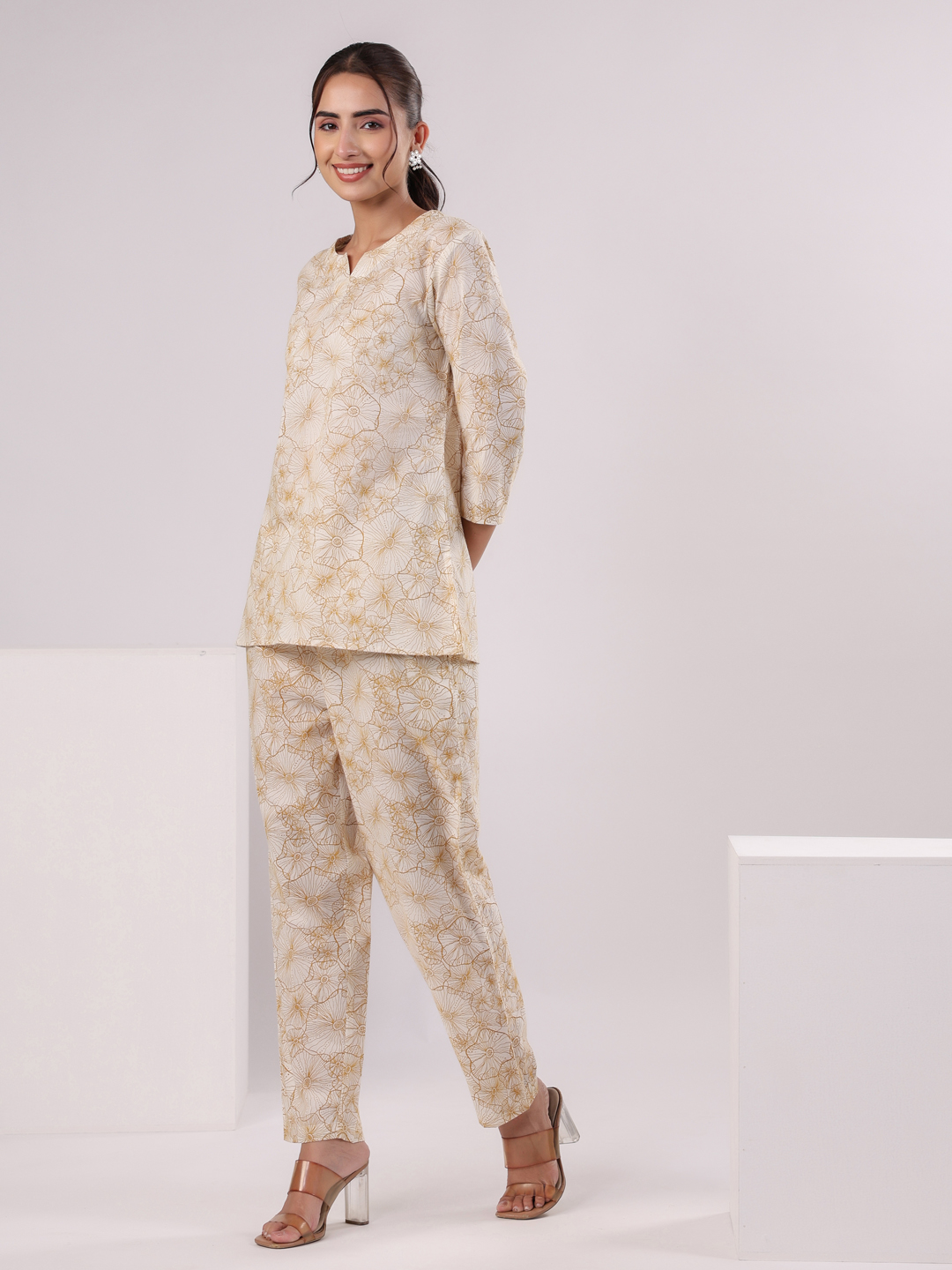 White Round Neck Floral Pure Cotton Night Suit For Women