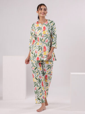Multi Round Neck Floral Pure Cotton Night Suit For Women