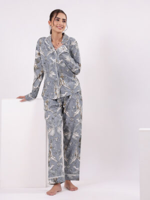 Grey Shirt Collar Floral Pure Cotton Night Suit For Women