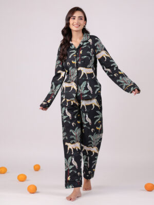Black Animal Print Shirt Collar Cotton Night Suit Set For Women