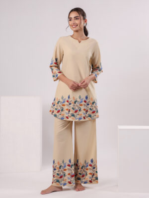 White Round Neck Floral Pure Cotton Night Suit For Women