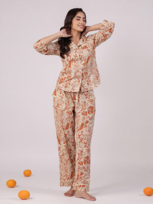 Yellow Shirt Collar Floral Pure Cotton Night Suit For Women
