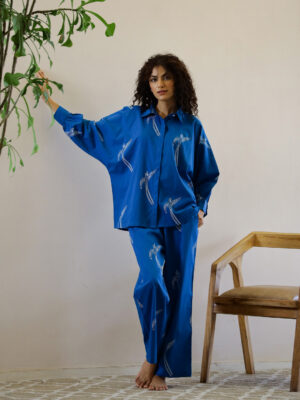 Blue Shirt Collar Animal Pure Cotton Night Suit For Women