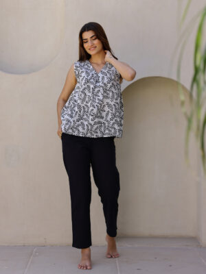 White V-Neck Tropical Pure Cotton Night Suit For Women