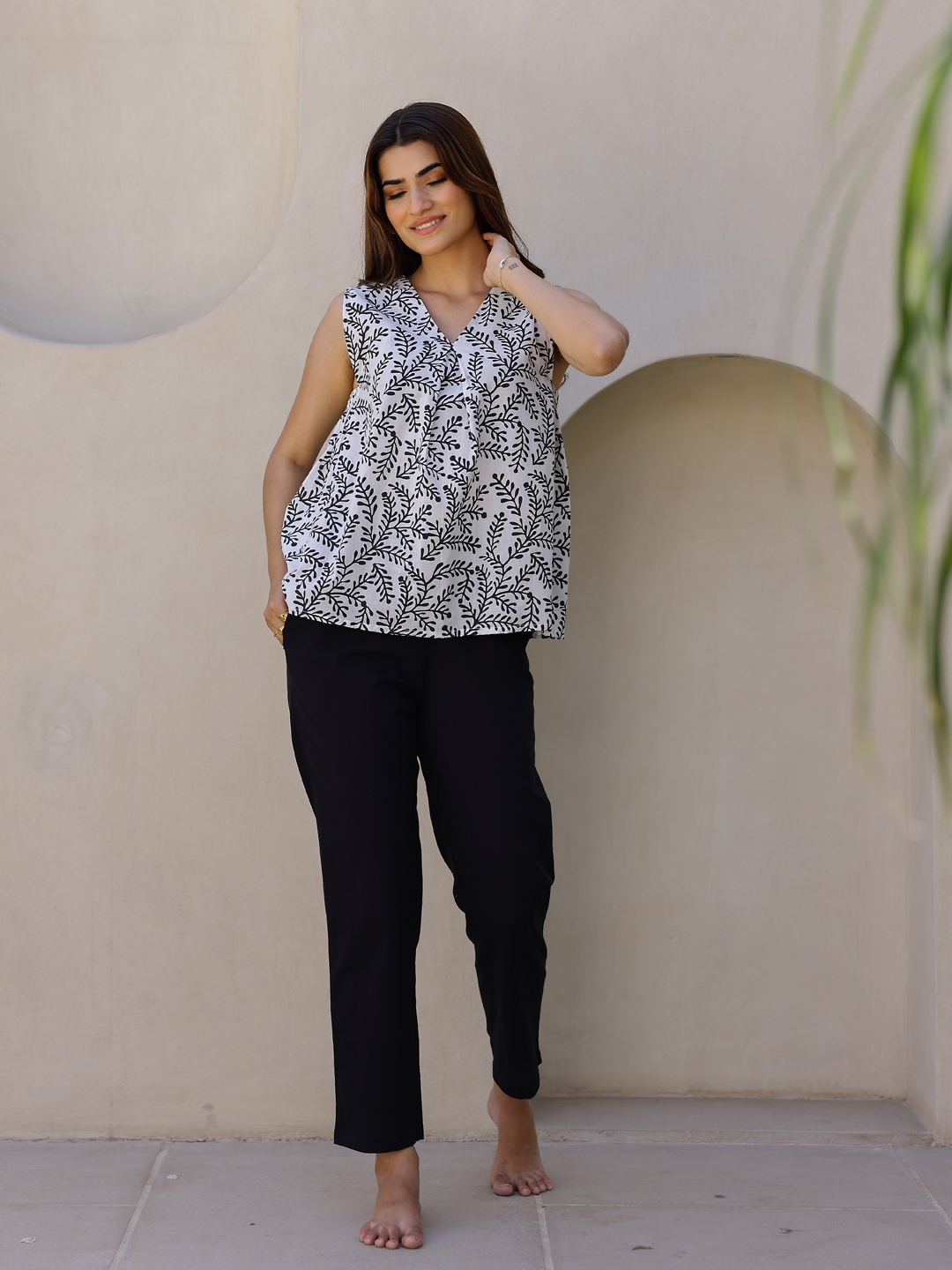 White V-Neck Tropical Pure Cotton Night Suit For Women