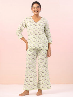 Blue Solid Round Neck Pure Cotton Night Suit For Women