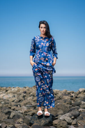 Navy Blue Round Neck Floral Print Pure Cotton Night Suit Set For Women