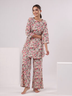 Multi Round Neck Tropical Pure Cotton Night Suit For Women