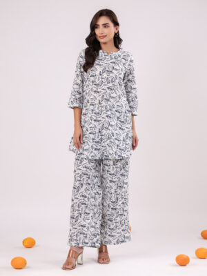 White Round Neck Tropical Pure Cotton Night Suit For Women