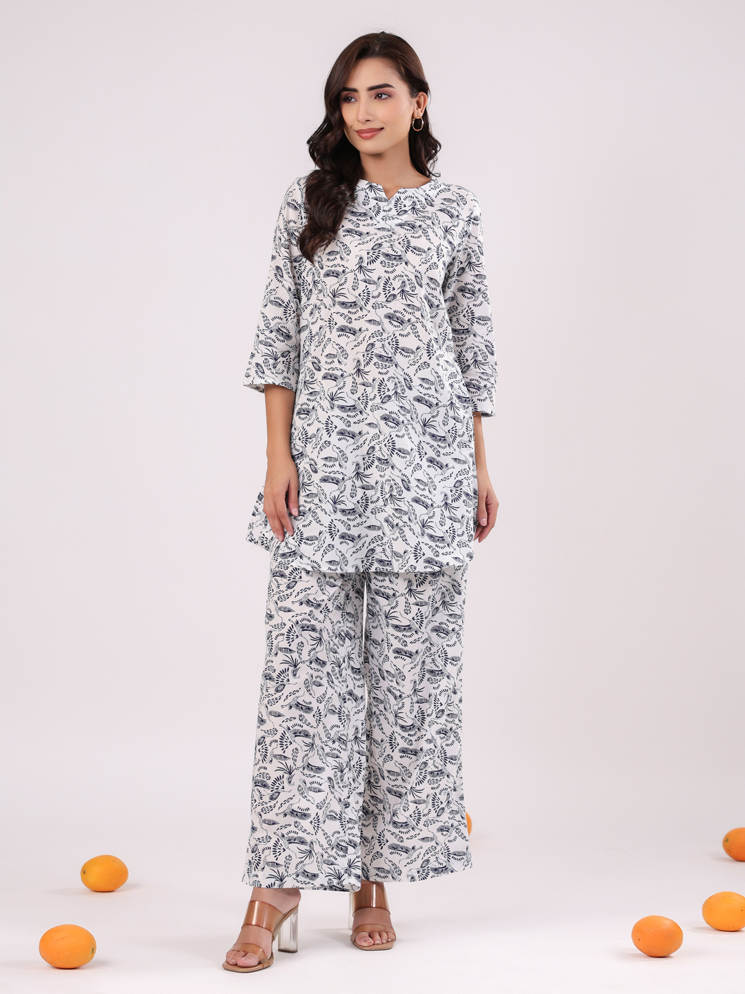 White Round Neck Tropical Pure Cotton Night Suit For Women