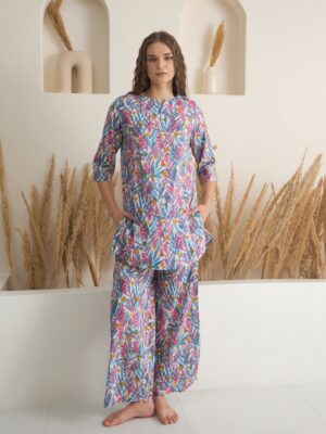 Blue Floral Print Round Neck Cotton Night Suit for Women