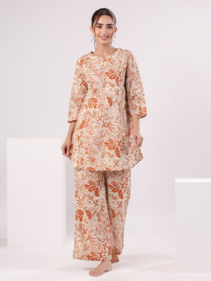 Maroon Round Neck Floral Pure Cotton Night Suit For Women