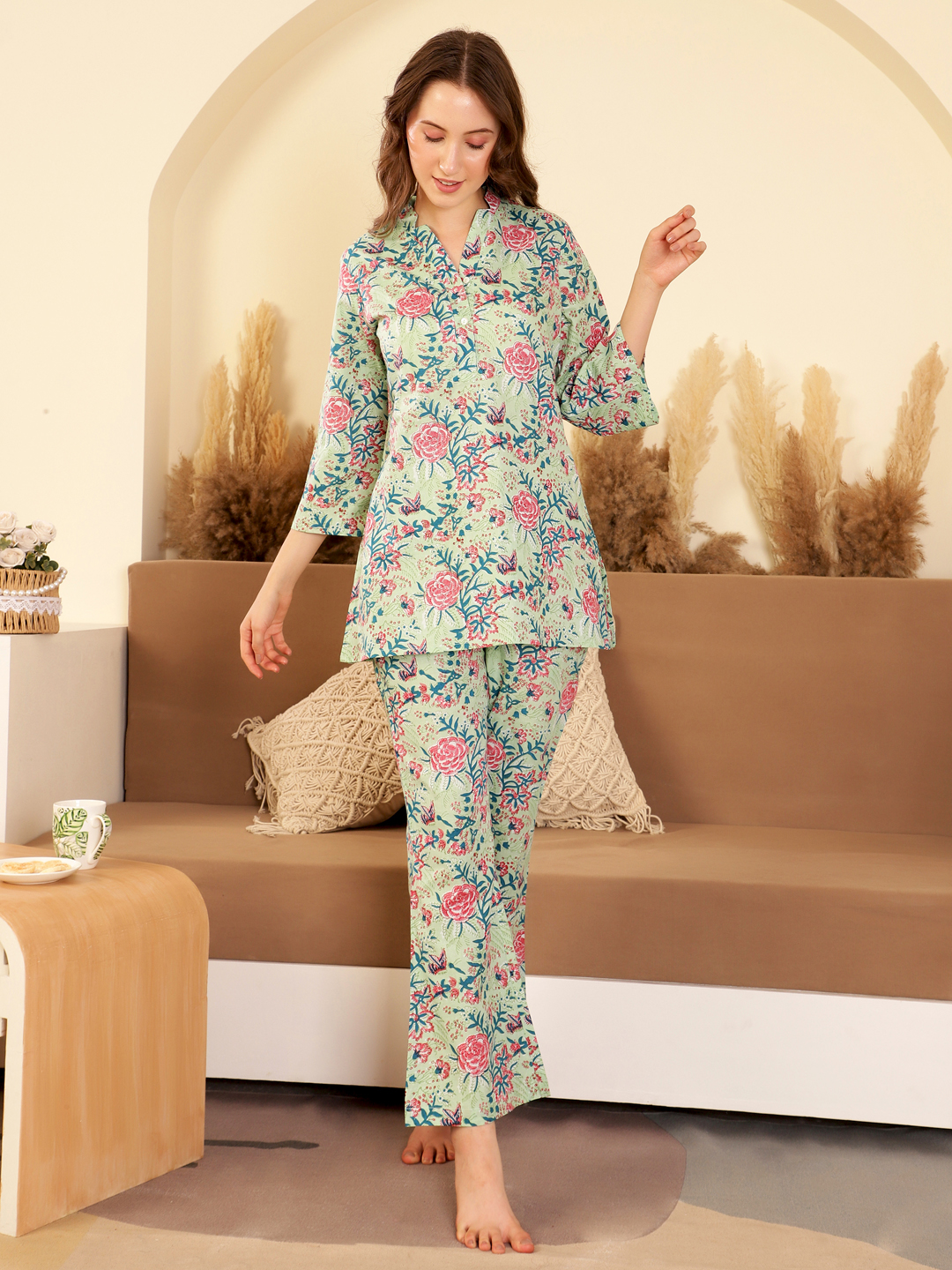Green Color Printed V-Neck Cotton Night Suit for Women