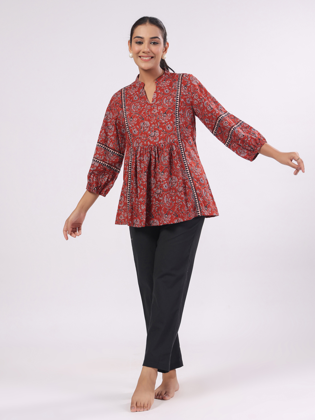 Red Mandarin Collar Floral Pure Cotton Night Suit For Women