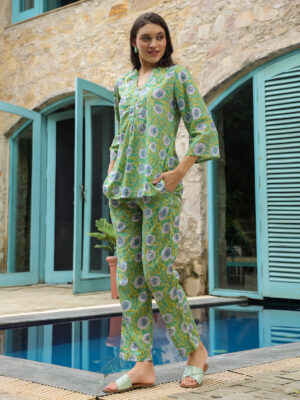 GREEN Mandarin Collar Floral Pure Cotton Night Suit For Women