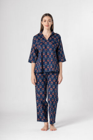 Blue Floral Mandarin Collar Pure Cotton Night Suit For Women