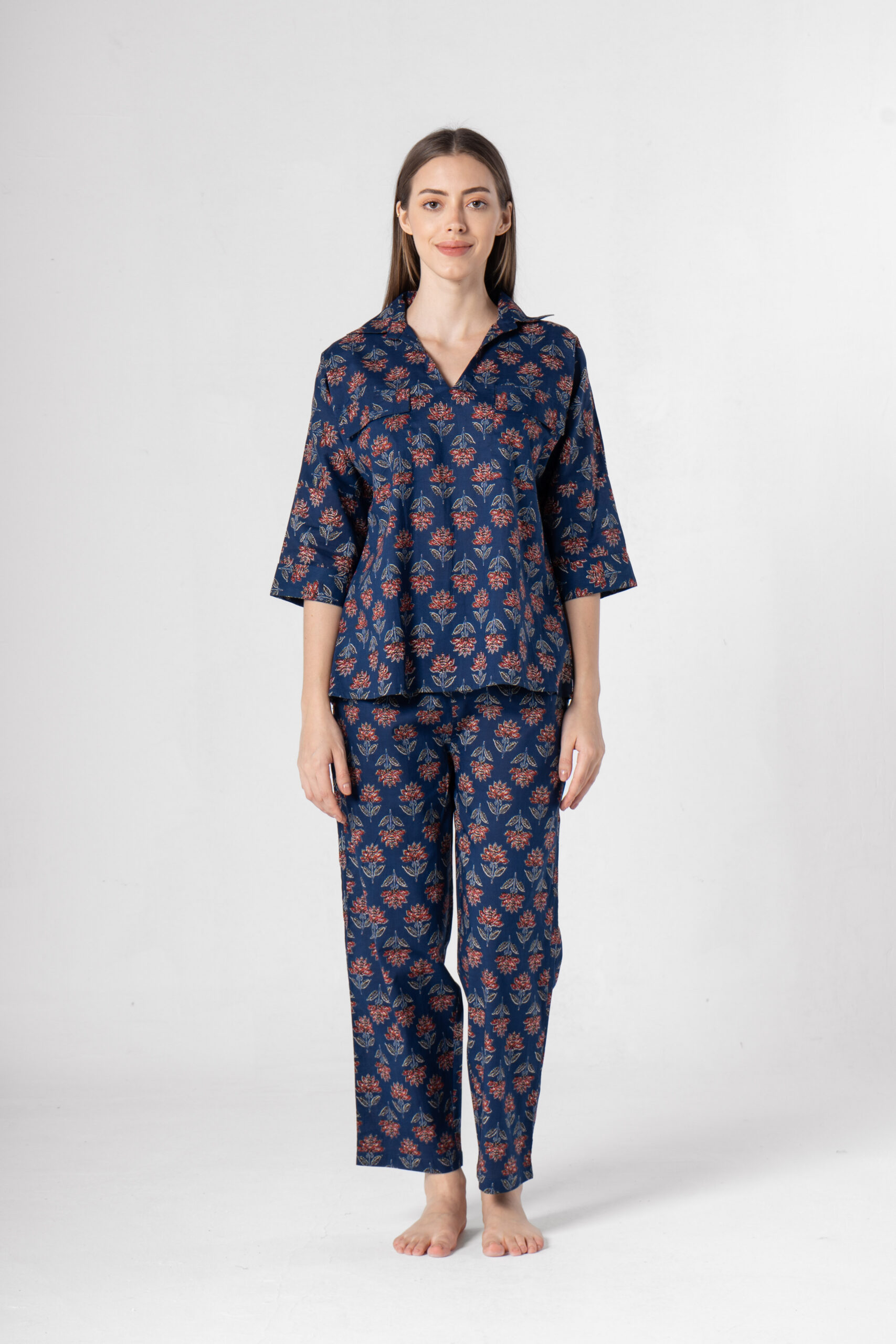 Blue Floral Mandarin Collar Pure Cotton Night Suit For Women