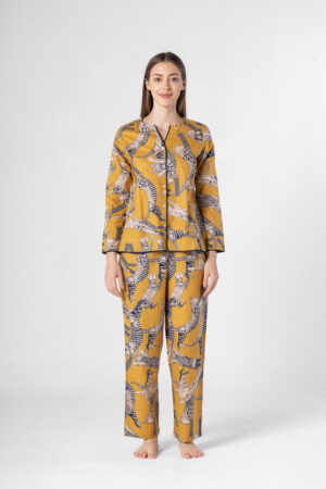 Yellow Round Neck Animal Print Cotton Night Suit For Women