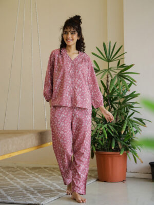 Pink Floral Print V-Neck Cotton Night Suit Set For Women