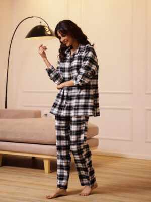Black V-Neck Checked Pure Cotton Night Suit For Women
