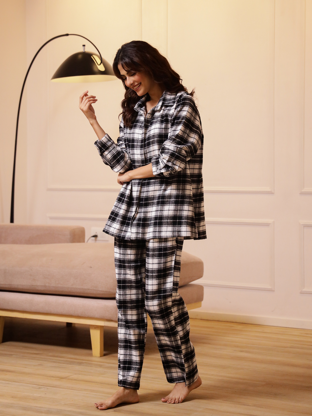 Black V-Neck Checked Pure Cotton Night Suit For Women