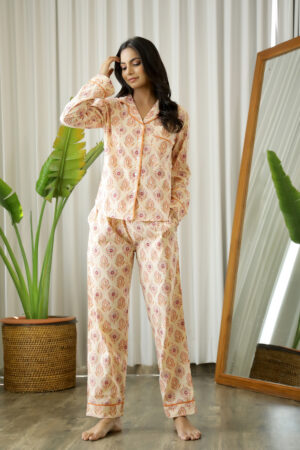 Beige Floral Print Pure Cotton Shirt Collar Night Suit for Women