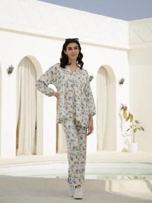 White Floral Print V-Neck Satin Night Suit For Women