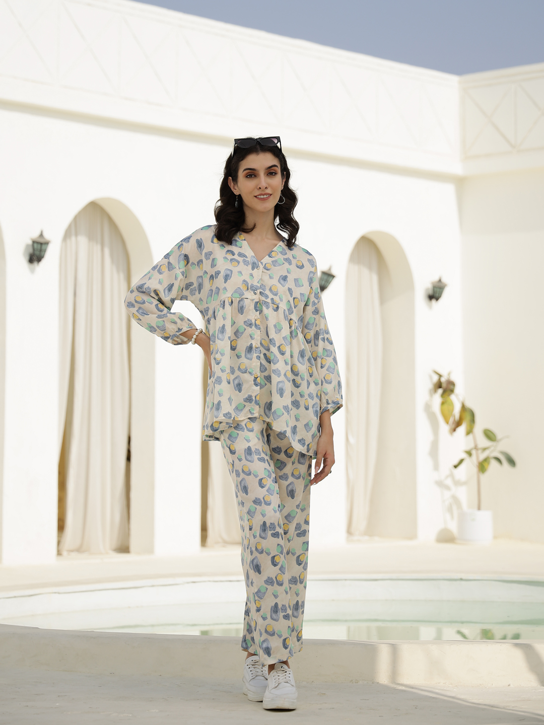 White Floral Print V-Neck Satin Night Suit For Women