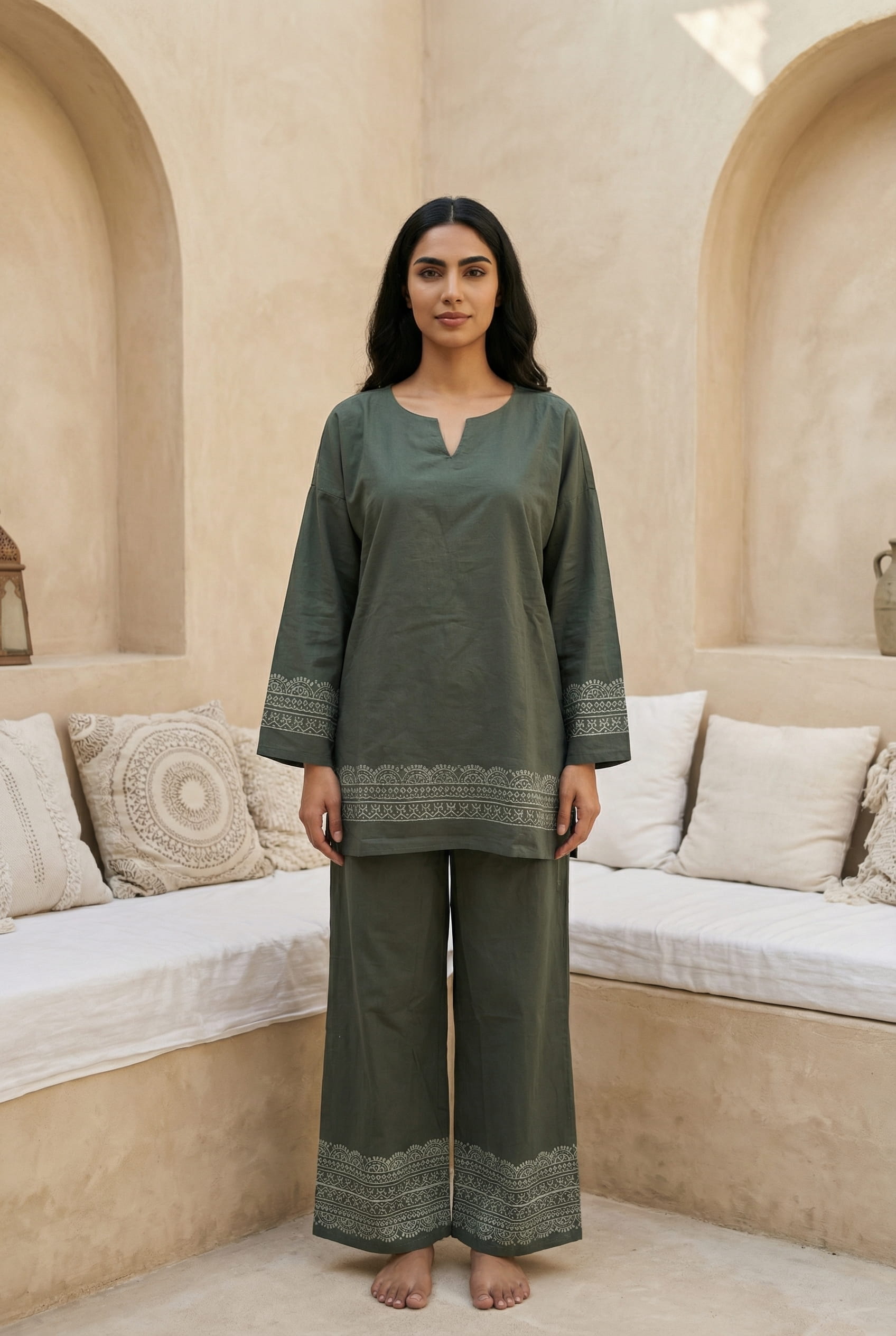 Green Slip-On Pyjamas Night Suit For Women