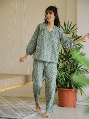 Green Flower Printed V-Neck Cotton Night Suit For Women
