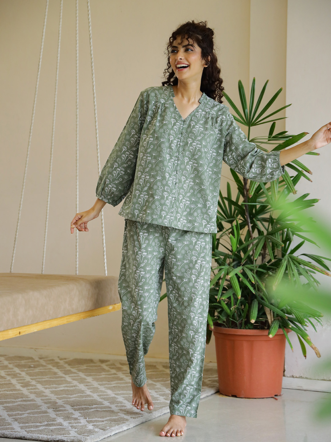 Green Flower Printed V-Neck Cotton Night Suit For Women