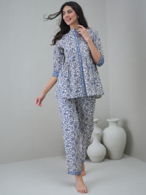 Off White Round Neck Floral Prin Night Suit For Women