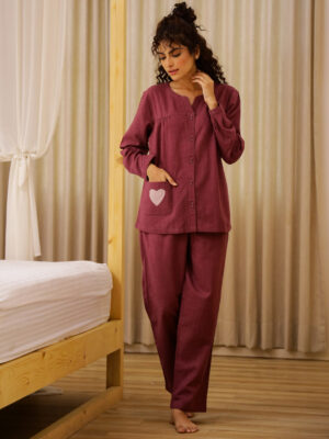 Maroon Solid Round Neck Cotton Night Suit For Women