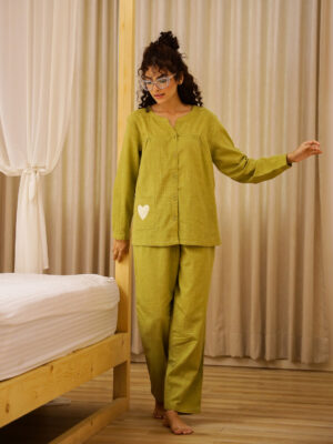 V-Neck Solid Pure Cotton Night Suit For Women