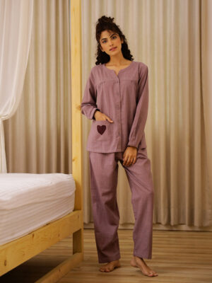 V-Neck Solid Pure Cotton Night Suit For Women