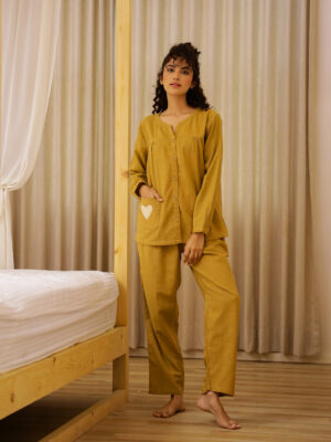 V-Neck Solid Pure Cotton Night Suit For Women