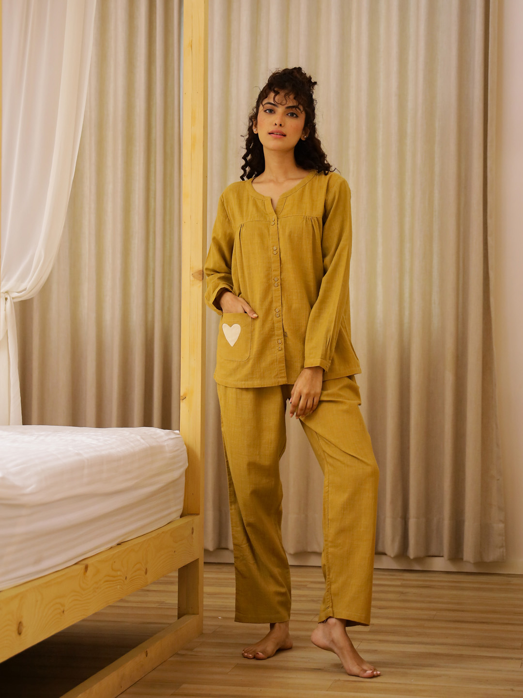 V-Neck Solid Pure Cotton Night Suit For Women