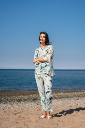 Blue Round Neck Floral Pure Cotton Night Suit For Women