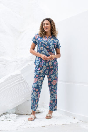 Blue Floral Print Round Neck Cotton Night Suit For Women